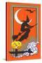 Witch Silhouette with Bat and Jack O'Lantern-null-Stretched Canvas