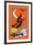 Witch Silhouette with Bat and Jack O'Lantern-null-Framed Art Print