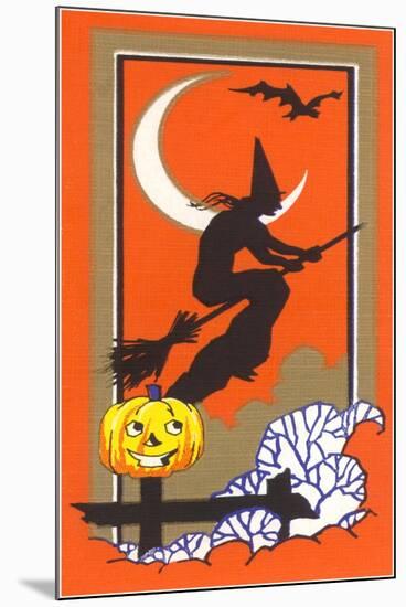 Witch Silhouette with Bat and Jack O'Lantern-null-Mounted Art Print