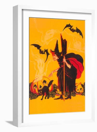 Witch with Goblin Emerging from Pumpkin-null-Framed Art Print