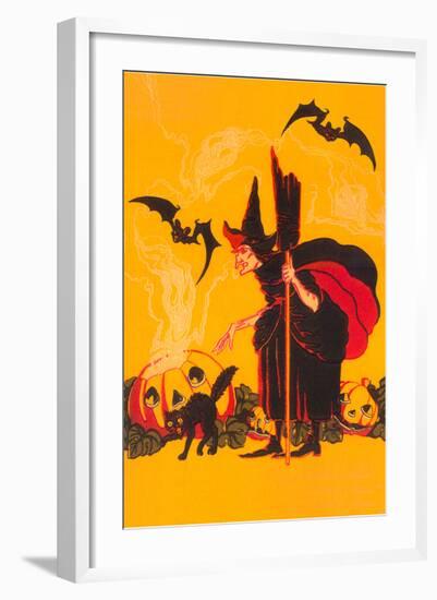 Witch with Goblin Emerging from Pumpkin-null-Framed Art Print