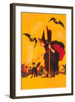 Witch with Goblin Emerging from Pumpkin-null-Framed Art Print