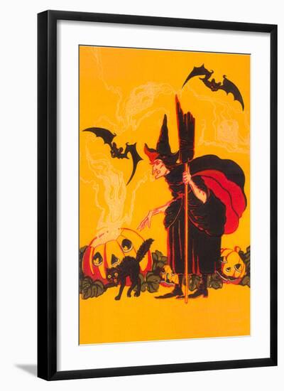 Witch with Goblin Emerging from Pumpkin-null-Framed Art Print