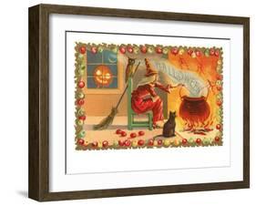 Witch with Halloween in Steam-null-Framed Art Print