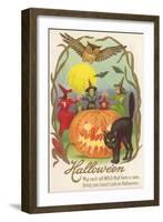 Witches, Bats Owl, Cat, Jack O'Lantern-null-Framed Art Print