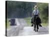 With a Buggy Approaching in the Distance, an Amish Boy Heads Down a Country Road on His Pony-Amy Sancetta-Stretched Canvas