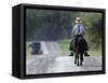 With a Buggy Approaching in the Distance, an Amish Boy Heads Down a Country Road on His Pony-Amy Sancetta-Framed Stretched Canvas