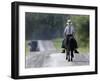 With a Buggy Approaching in the Distance, an Amish Boy Heads Down a Country Road on His Pony-Amy Sancetta-Framed Photographic Print