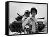 With Her Brother on Her Back, a War Weary Korean Girl Tiredly Trudges by a Stalled M-26 Tank-null-Framed Stretched Canvas