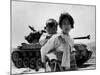 With Her Brother on Her Back, a War Weary Korean Girl Tiredly Trudges by a Stalled M-26 Tank-null-Mounted Photo
