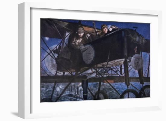 With the French Air Service, a Night Bombardment by a Voisin Biplane, 1918-Francois Flameng-Framed Giclee Print