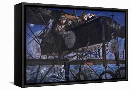 With the French Air Service, a Night Bombardment by a Voisin Biplane, 1918-Francois Flameng-Framed Stretched Canvas