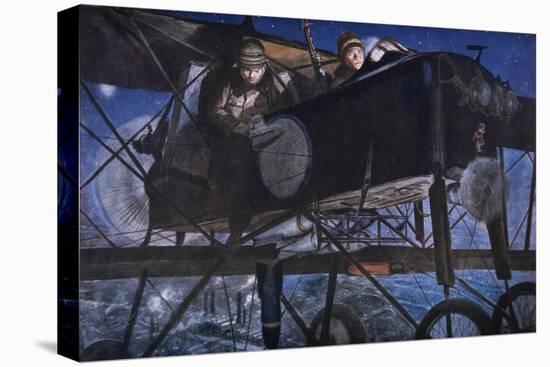 With the French Air Service, a Night Bombardment by a Voisin Biplane, 1918-Francois Flameng-Stretched Canvas