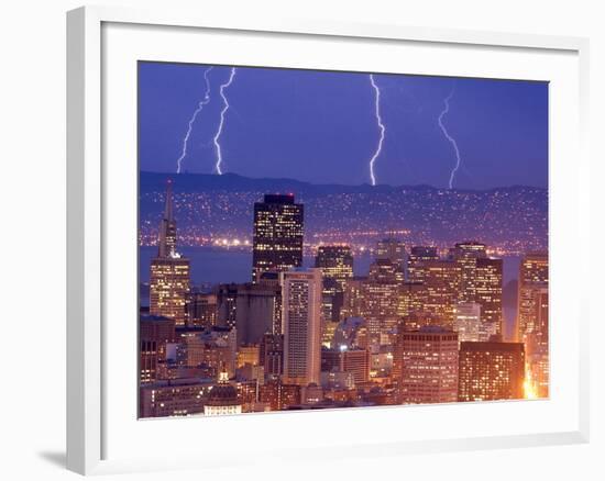 With the San Francisco Skyline in the Foreground, Lightning Strikes Over the Hills of Oakland, Ca-null-Framed Photographic Print