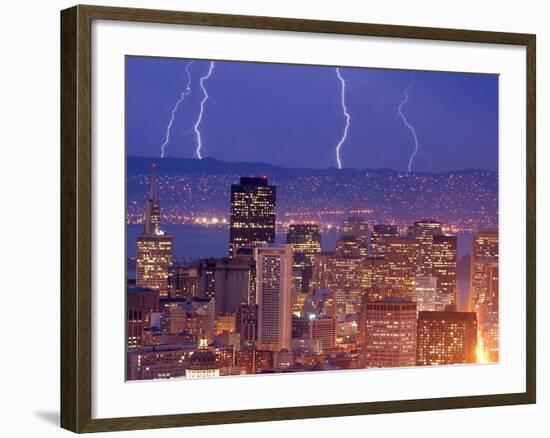 With the San Francisco Skyline in the Foreground, Lightning Strikes Over the Hills of Oakland, Ca-null-Framed Photographic Print