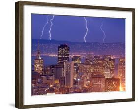 With the San Francisco Skyline in the Foreground, Lightning Strikes Over the Hills of Oakland, Ca-null-Framed Photographic Print