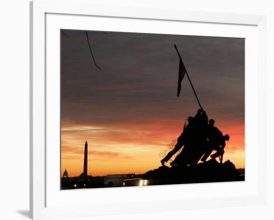 With Washington in the Background, the Sun Rises Behind the Silhouetted Iwo Jima Memorial, Center-null-Framed Photographic Print