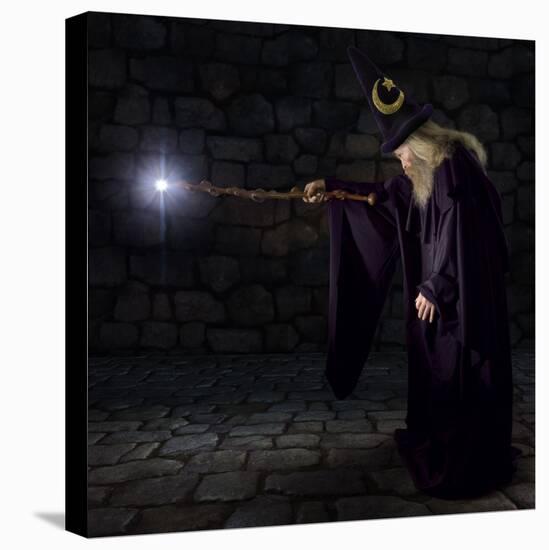 Wizard in a Purple Robe and Wizard Hat Casting a Spell with His Wand-James Steidl-Stretched Canvas