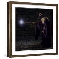 Wizard in a Purple Robe and Wizard Hat Casting a Spell with His Wand-James Steidl-Framed Photographic Print