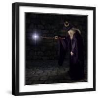 Wizard in a Purple Robe and Wizard Hat Casting a Spell with His Wand-James Steidl-Framed Photographic Print