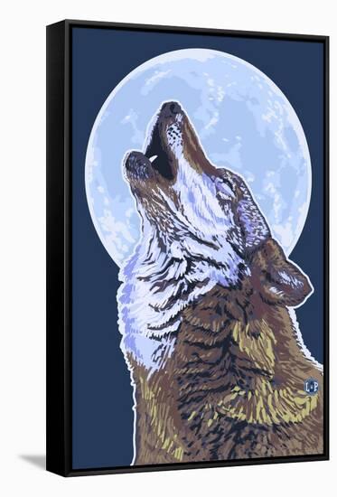 Wolf Howling at Moon-Lantern Press-Framed Stretched Canvas