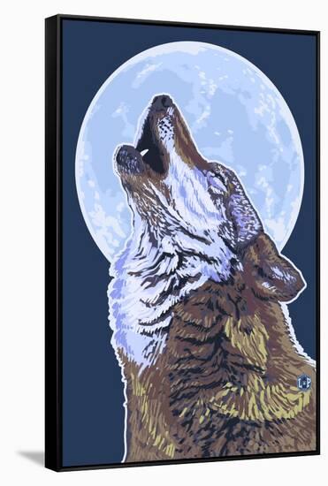 Wolf Howling at Moon-Lantern Press-Framed Stretched Canvas