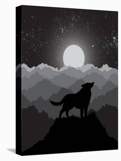 Wolf Howling at the Night Moon Standing on the Mountain.Vector Illustration-Dimonika-Stretched Canvas