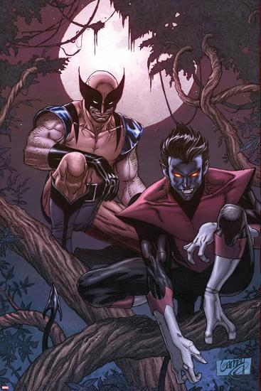 Wolverine Weapon X No.16 Cover: Nightcrawler and Wolverine Crouching in a Tree at Night-Ron Garney-Lamina Framed Poster