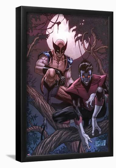 Wolverine Weapon X No.16 Cover: Nightcrawler and Wolverine Crouching in a Tree at Night-Ron Garney-Framed Poster