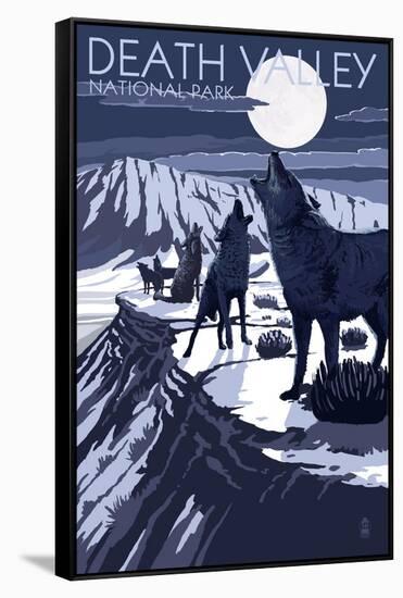 Wolves and Full Moon - Death Valley National Park-Lantern Press-Framed Stretched Canvas
