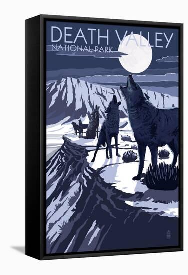 Wolves and Full Moon - Death Valley National Park-Lantern Press-Framed Stretched Canvas