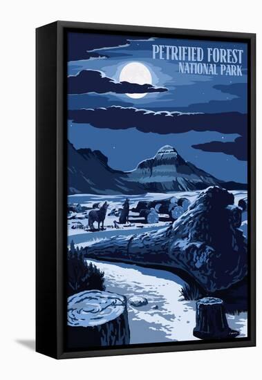 Wolves and Full Moon - Petrified Forest National Park-Lantern Press-Framed Stretched Canvas