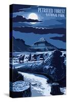 Wolves and Full Moon - Petrified Forest National Park-Lantern Press-Stretched Canvas