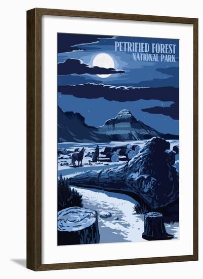 Wolves and Full Moon - Petrified Forest National Park-Lantern Press-Framed Art Print