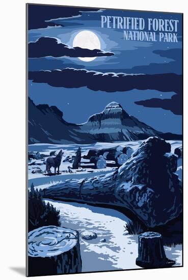Wolves and Full Moon - Petrified Forest National Park-Lantern Press-Mounted Art Print