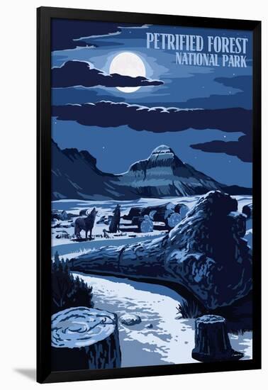 Wolves and Full Moon - Petrified Forest National Park-Lantern Press-Framed Art Print