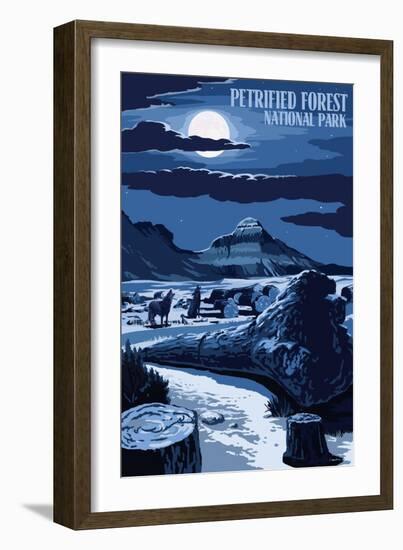 Wolves and Full Moon - Petrified Forest National Park-Lantern Press-Framed Art Print