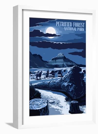 Wolves and Full Moon - Petrified Forest National Park-Lantern Press-Framed Art Print