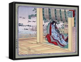 Woman Adjusting the Blinds, Japanese Wood-Cut Print-Lantern Press-Framed Stretched Canvas