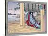 Woman Adjusting the Blinds, Japanese Wood-Cut Print-Lantern Press-Stretched Canvas