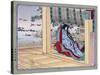 Woman Adjusting the Blinds, Japanese Wood-Cut Print-Lantern Press-Stretched Canvas
