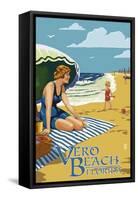 Woman and Beach Scene - Vero Beach, Florida-Lantern Press-Framed Stretched Canvas