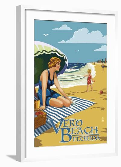 Woman and Beach Scene - Vero Beach, Florida-Lantern Press-Framed Art Print