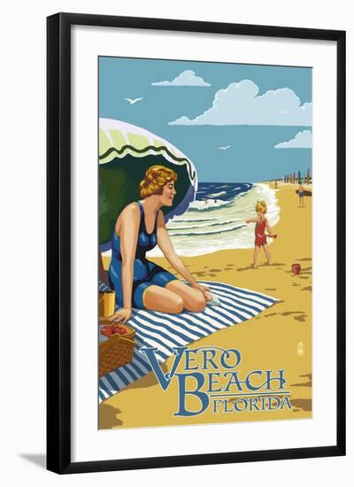 Woman and Beach Scene - Vero Beach, Florida-Lantern Press-Framed Art Print