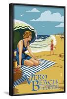 Woman and Beach Scene - Vero Beach, Florida-Lantern Press-Framed Art Print