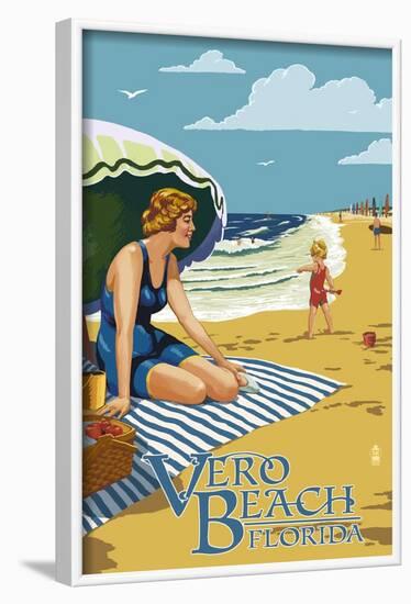 Woman and Beach Scene - Vero Beach, Florida-Lantern Press-Framed Art Print