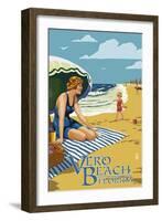 Woman and Beach Scene - Vero Beach, Florida-Lantern Press-Framed Art Print