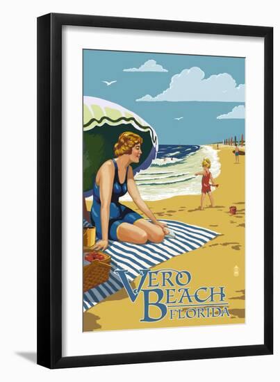 Woman and Beach Scene - Vero Beach, Florida-Lantern Press-Framed Art Print