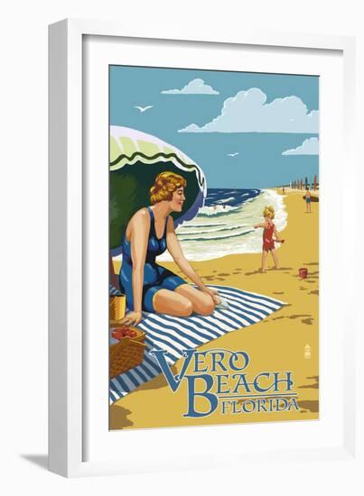 Woman and Beach Scene - Vero Beach, Florida-Lantern Press-Framed Art Print