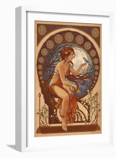 Woman and Bird - Art Nouveau-Lantern Press-Framed Art Print